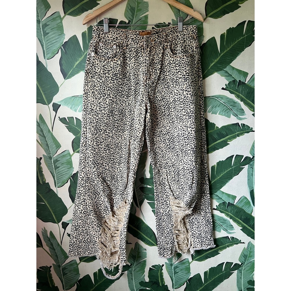 POL Leopard Print Distressed Jeans Women M Tan Black